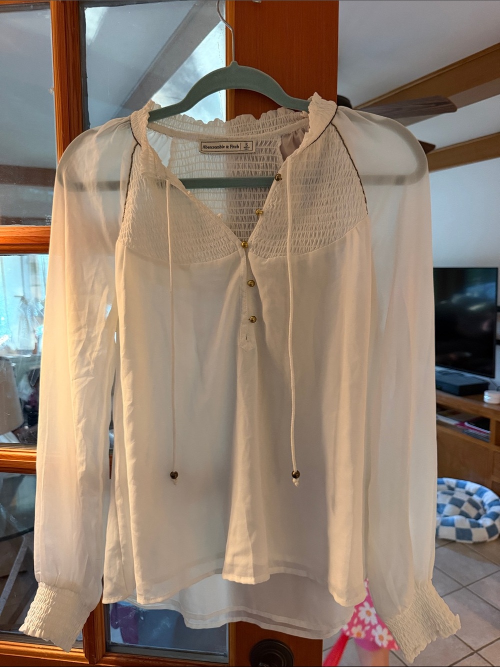 Abercrombie & Fitch Cream Long-Sleeve Smocked Yoke Blouse